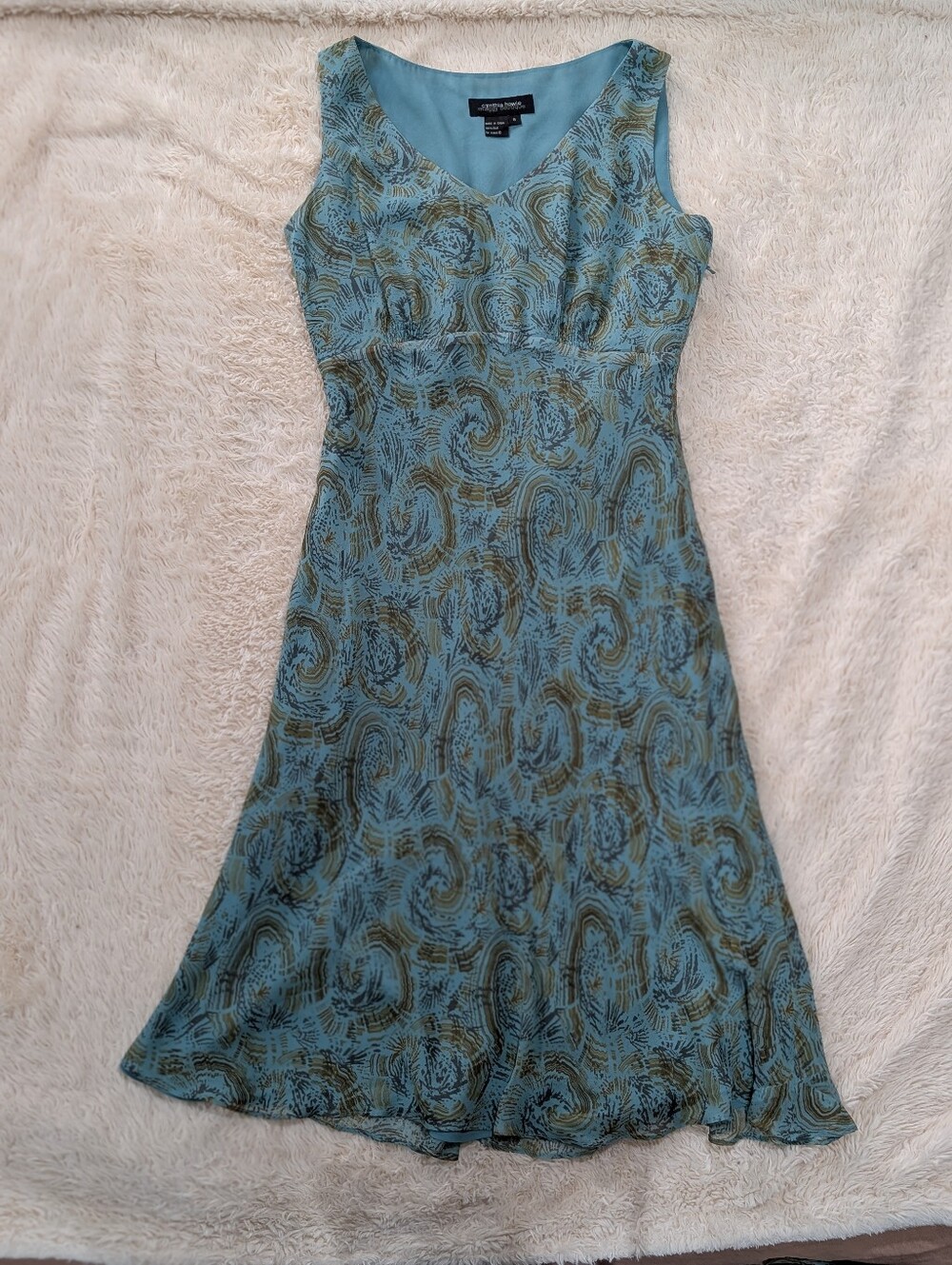Cynthia Howie Aqua & Olive Swirl Print Midi Dress